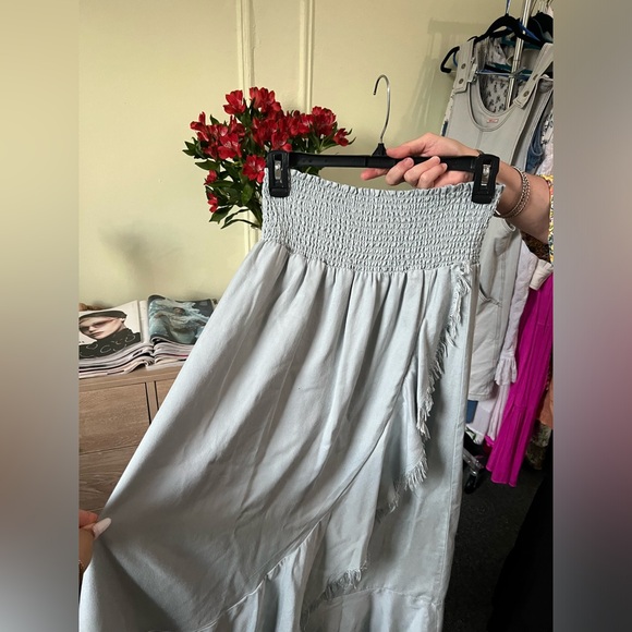 Pastel Baby Blue High Waisted Stretch Midi Maxi Ruffle Frayed Hem Modest Skirt L - Picture 9 of 16